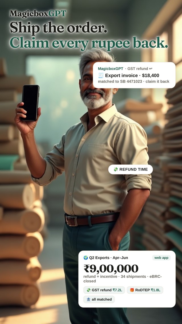MagicboxGPT on WhatsApp for a small textile-export manufacturer — shipping bills, invoices and bank realisation certificates forwarded per shipment, and at refund time the whole Q2 export claim (₹9,00,000 in GST refund and RoDTEP across 34 shipments) ready to hand the accountant