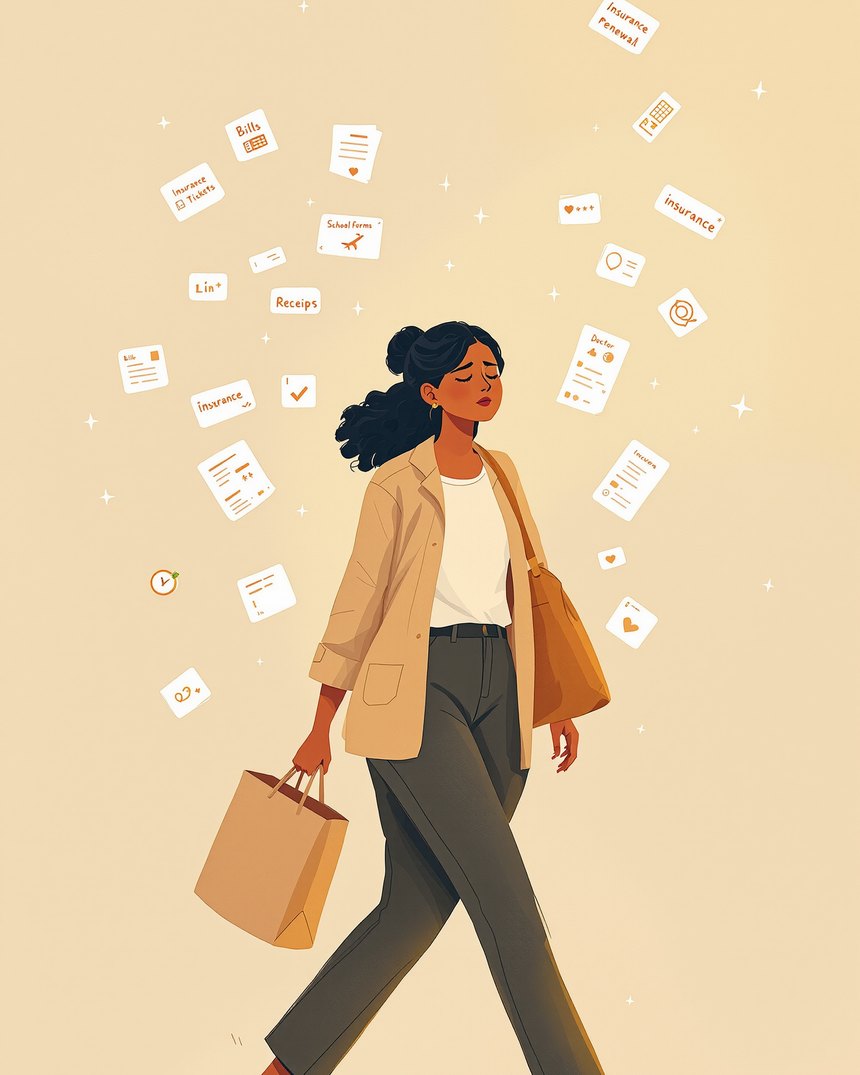 A working parent carrying the day's admin β bills, tickets, forms