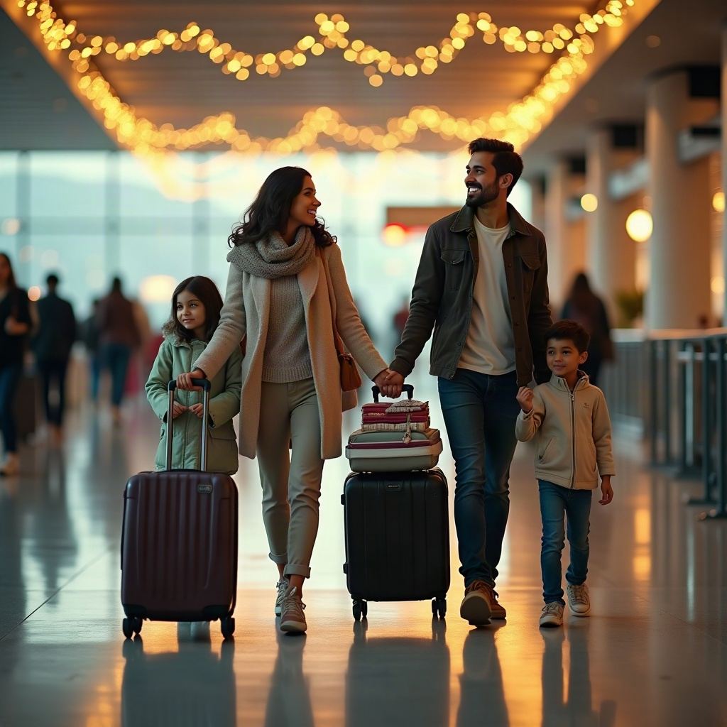 A family of four with suitcases walking through an airport terminal decorated with warm string lights for the holiday season
