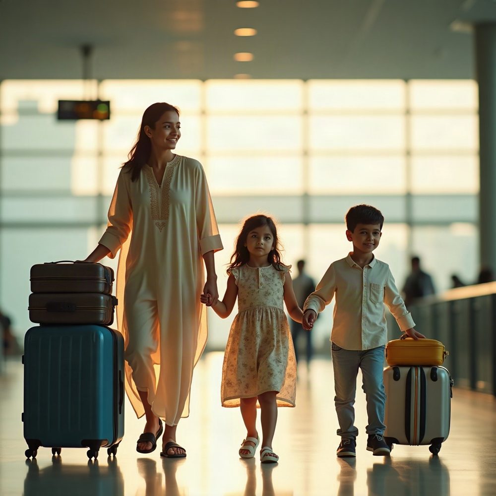 A mother and her two children walking through an airport terminal with suitcases, on their way to a flight